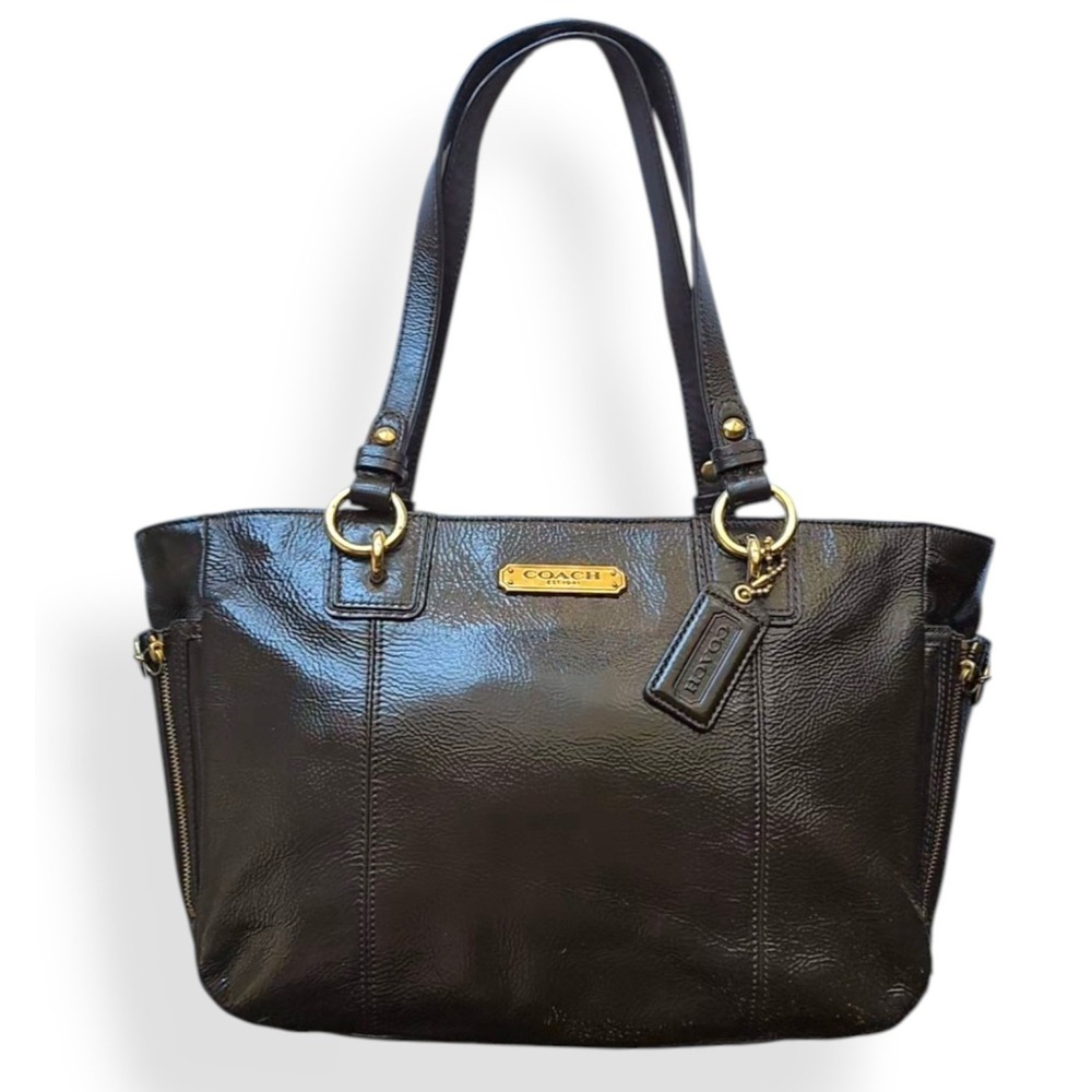 Coach Gallery Tote Bag Dark Brown Patent Leather Gold Hardware East West F20431